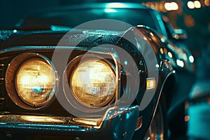 Vintage car headlights gleaming in the night