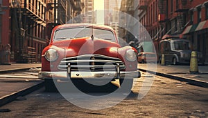 Vintage car headlights shine on old city buildings, transporting nostalgia generated by AI