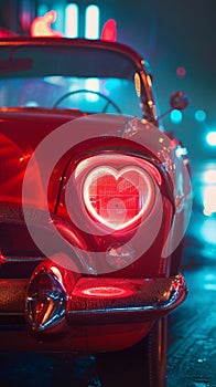 Vintage Car with Heart-Shaped Headlights and Neon Glow