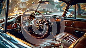 Vintage car interior with the classic design elements. Concept of classic motoring, retro style, and heritage vehicles