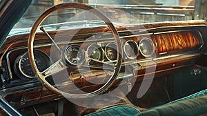 Vintage car interior with the classic design elements like wood paneling, analog gauges, and plush velvet seats. Concept