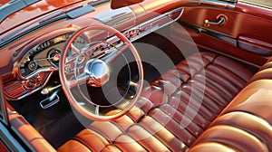 Vintage car interior. Concept of classic motoring, retro style, and heritage vehicles photo