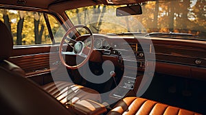 vintage car interior with old leather seats and steering wheel.