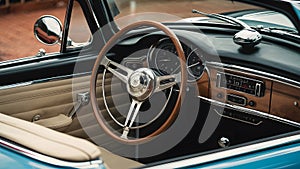 Vintage Car Interior Wooden and Steel Steering Wheel in Cabriolet