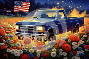 vintage car on the meadow with flowers and american flag, patriotic 1993 ford f150, in a field of flowers, with a golden retreiver