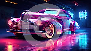Vintage Car with Neon Glow