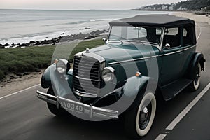 A vintage car parked by the beach