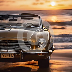 a vintage car parked on a beach with a sunset behind it