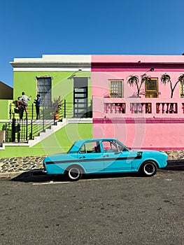 Colourful houses and vintage car in the historic Bo-Kaap neighbourhood of Cape Town