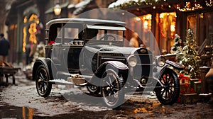 Vintage Car Parked Outside The Festively Christmas Decorated Shops. Generative AI