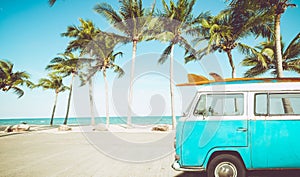 Vintage car parked on the tropical beach