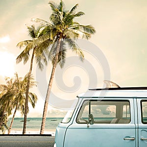 Vintage car parked on the tropical beach