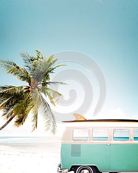 Vintage car parked on the tropical beach