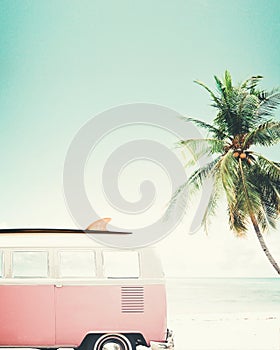 Vintage car parked on the tropical beach