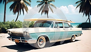 vintage car parked on the tropical beach (seaside) with a surfboard on the roof