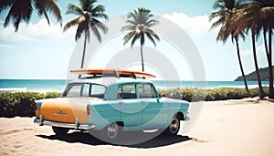 vintage car parked on the tropical beach (seaside) with a surfboard on the roof