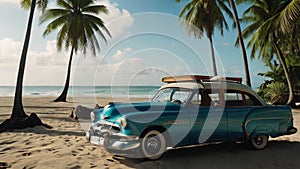 Vintage car parked on the tropical beach with a surfboard