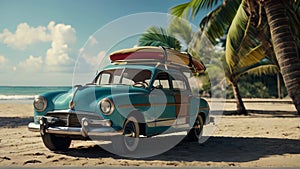 Vintage car parked on the tropical beach with a surfboard