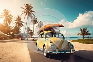 Vintage car parked on the tropical beach with a surfboard on the roof. Generative AI