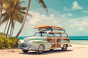 Vintage car parked on the tropical beach with a surfboard on the roof. Generative AI