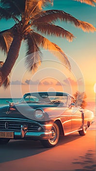 Vintage car parked on the tropical beach with a surfboard on the roof, sunset, palm tree