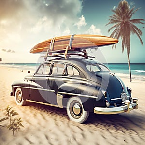 Vintage car parked on the tropical beach, travel, destination scenics