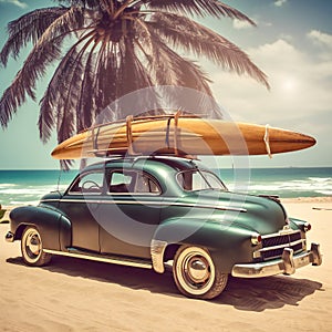 Vintage car parked on the tropical beach, travel, destination scenics