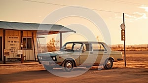 A vintage car at the petrol station in The desert, far from the city