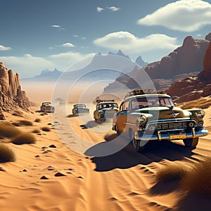 a vintage car racing across the desert leaving a trail of dust behind under the scorching sun