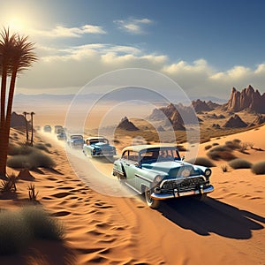 a vintage car racing across the desert leaving a trail of dust behind under the scorching sun