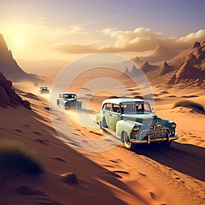 a vintage car racing across the desert leaving a trail of dust behind under the scorching sun