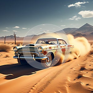 a vintage car racing across the desert leaving a trail of dust behind under the scorching sun