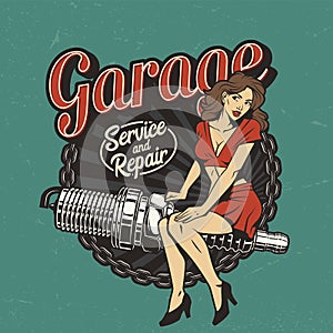 Vintage car repair service colorful label photo