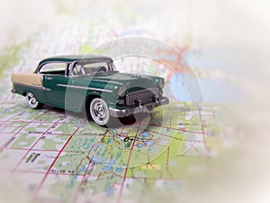vintage car on road map
