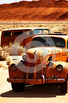 Vintage car with a rusty texture in the desert generated by ai