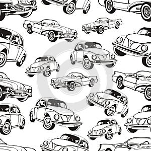 Vintage car seamless pattern, black and white retro cartoon background, coloring book, monochrome drawing. cars on a . For the