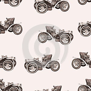 Vintage car seamless pattern, old retro drawing machine, cartoon vector background, monochrome. Illustration in style sepia. For