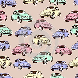 Vintage car seamless pattern, retro cartoon background. Multicolored cars on the beige . For the design of wallpaper, wrapper, fab