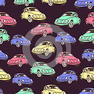 Vintage car seamless pattern, retro cartoon background. Multicolored cars on the beige . For the design of wallpaper, wrapper, fab