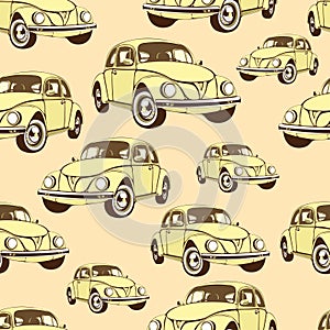 Vintage car seamless pattern, retro cartoon background. Yellow cars on the beige . For the design of wallpaper, wrapper, fabric.