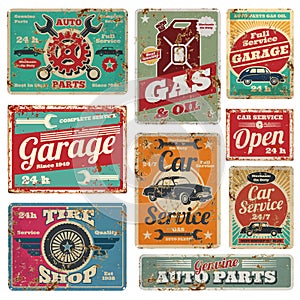 Vintage car service and gas station vector metal signs