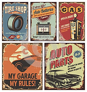 Vintage car service tin signs and posters on old rusty background