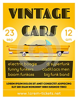 Vintage car show banner. Old auto. Cartoon vector illustration