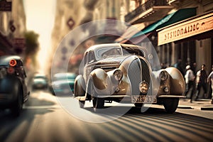 vintage car speeding through busy city street, with people and vehicles in the background