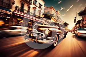 vintage car speeding through busy city street, with people and vehicles in the background