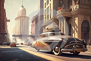 vintage car speeding through the city, with the buildings and people of the future in view