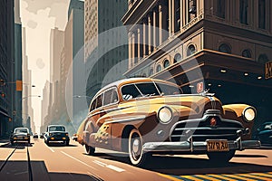 vintage car speeding down busy city street, with modern high-rises in the background