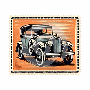 Vintage Car Stamp Vector - Detailed Portraitures In Orange And Indigo