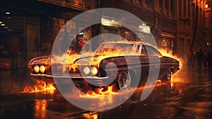 a vintage car on the street of a night city, in flames or plasma, street lights, road