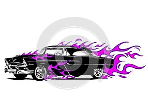 Vintage car surrounded by fire and purple flames